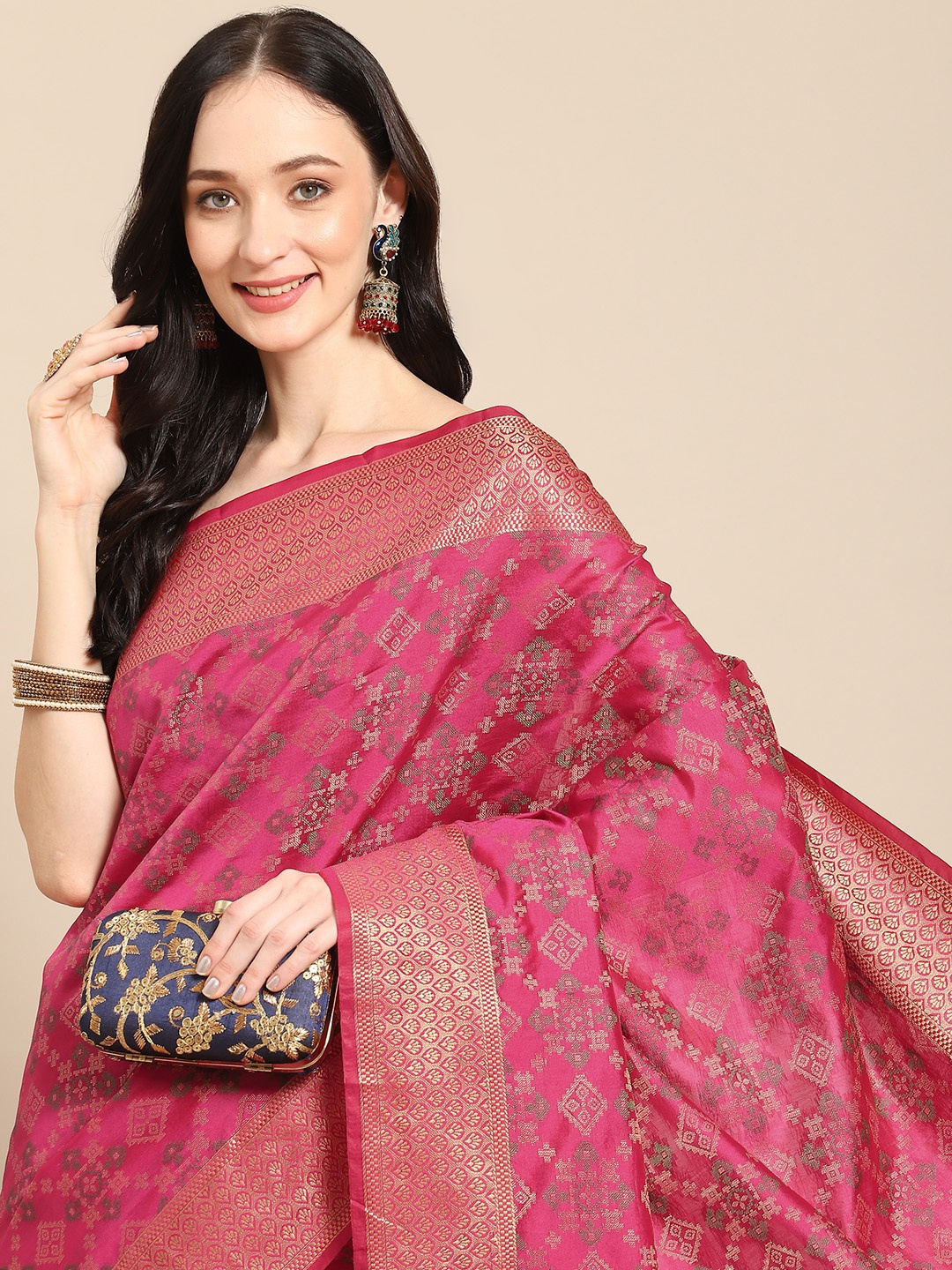 

all about you Pink & Gold-Toned Ethnic Motifs Zari Silk Blend Saree