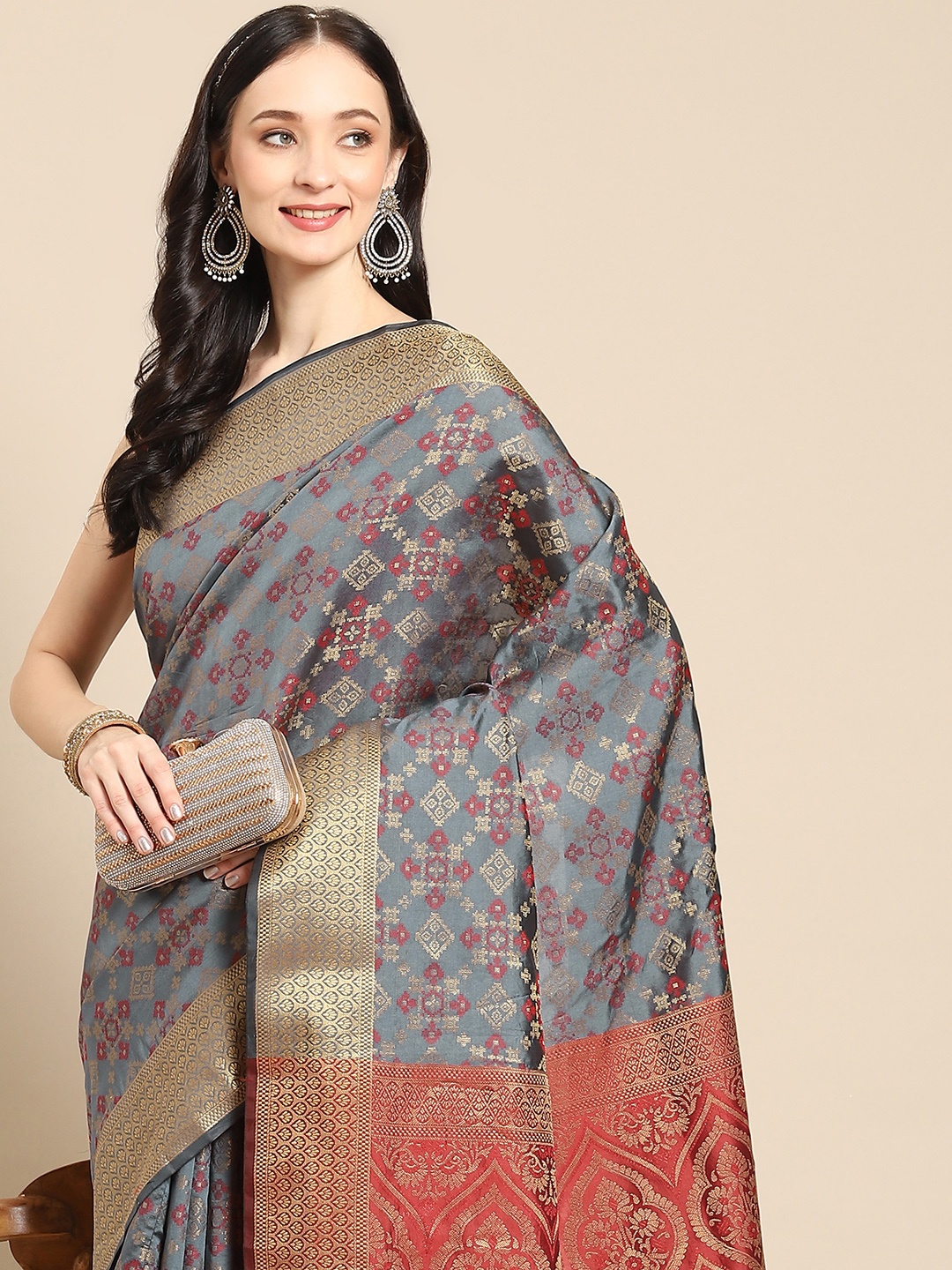 

all about you Grey & Gold-Toned Ethnic Motifs Zari Silk Blend Saree