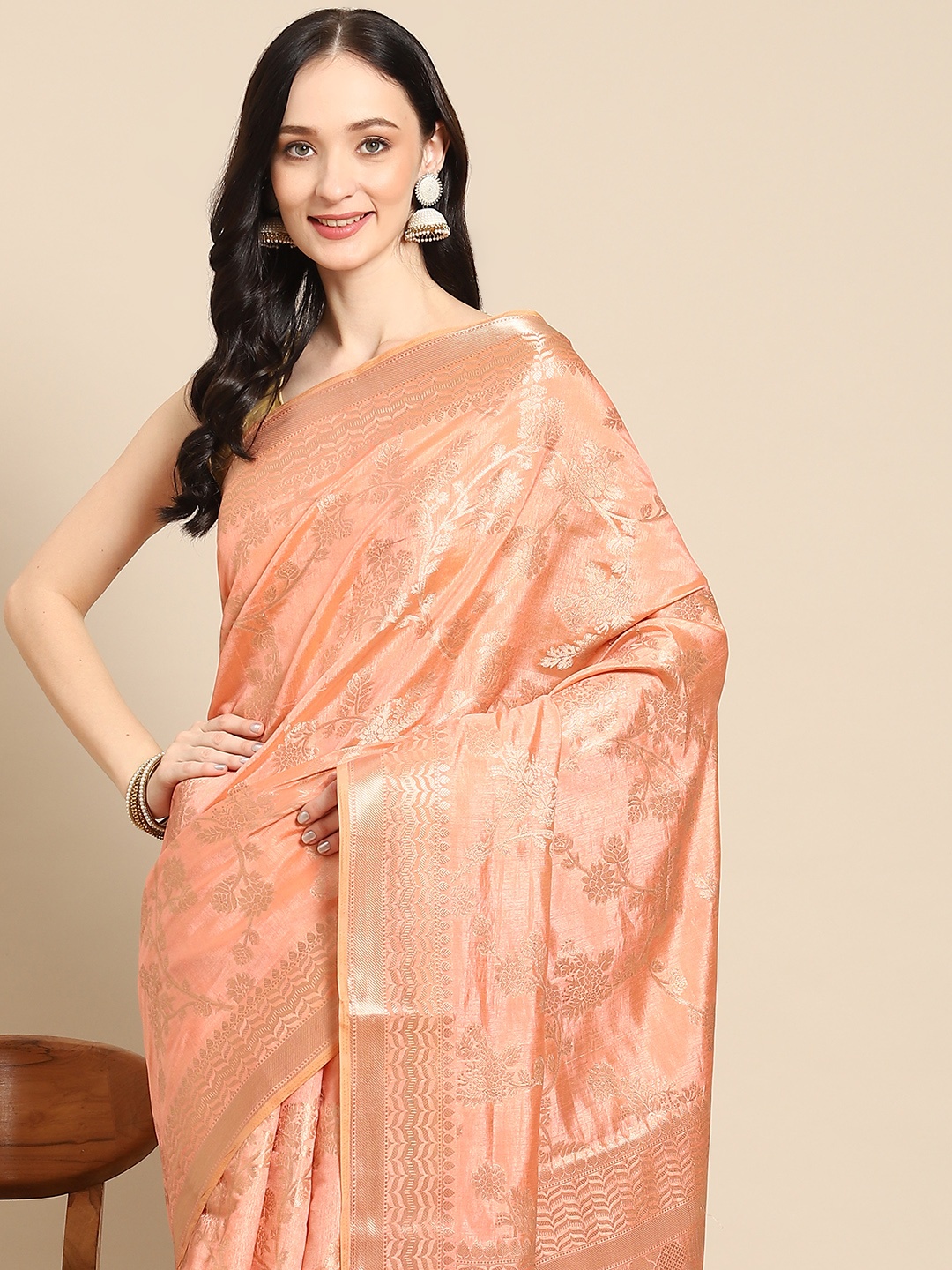 

all about you Peach-Coloured & Gold-Toned Floral Zari Organza Saree