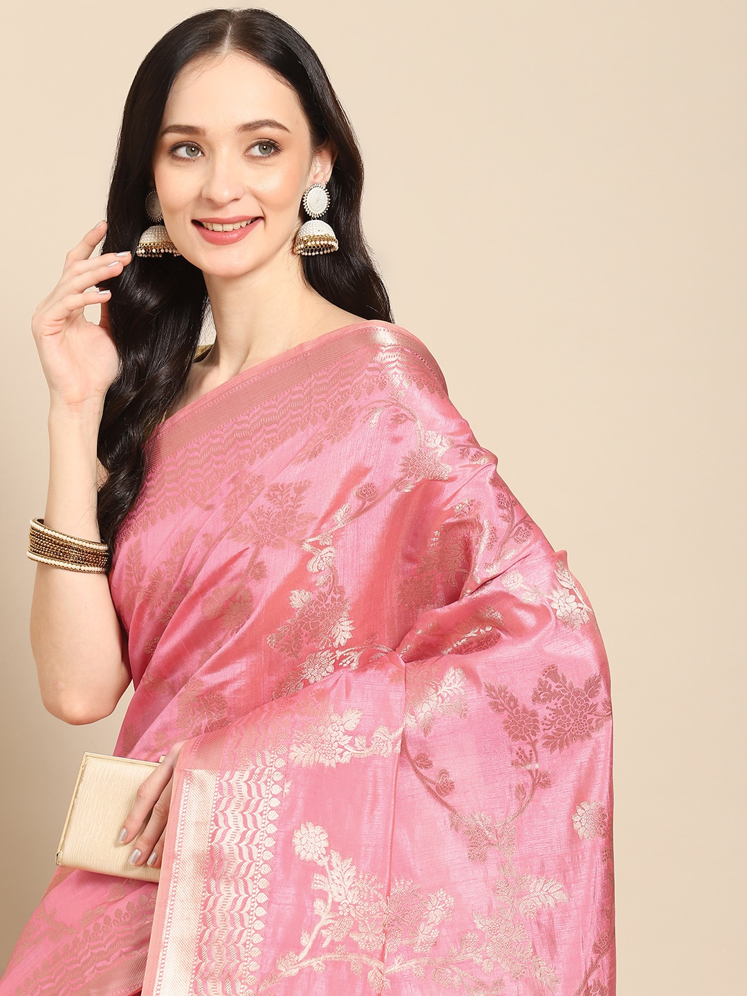 

all about you Pink & Gold-Toned Floral Zari Organza Saree