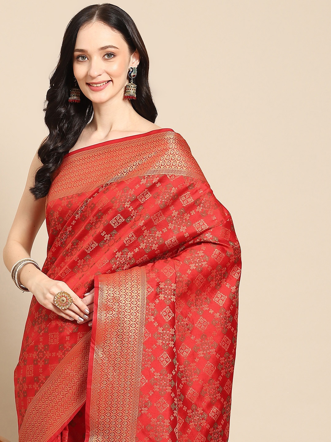 

all about you Red & Gold-Toned Ethnic Motifs Zari Silk Blend Saree