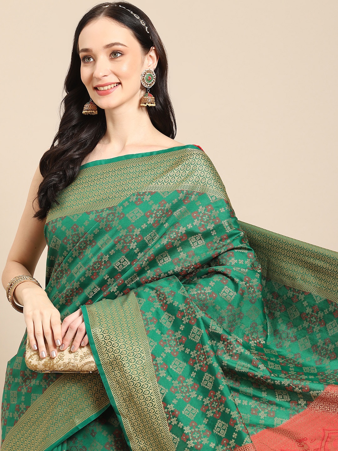 

all about you Teal & Gold-Toned Ethnic Motifs Zari Silk Blend Saree