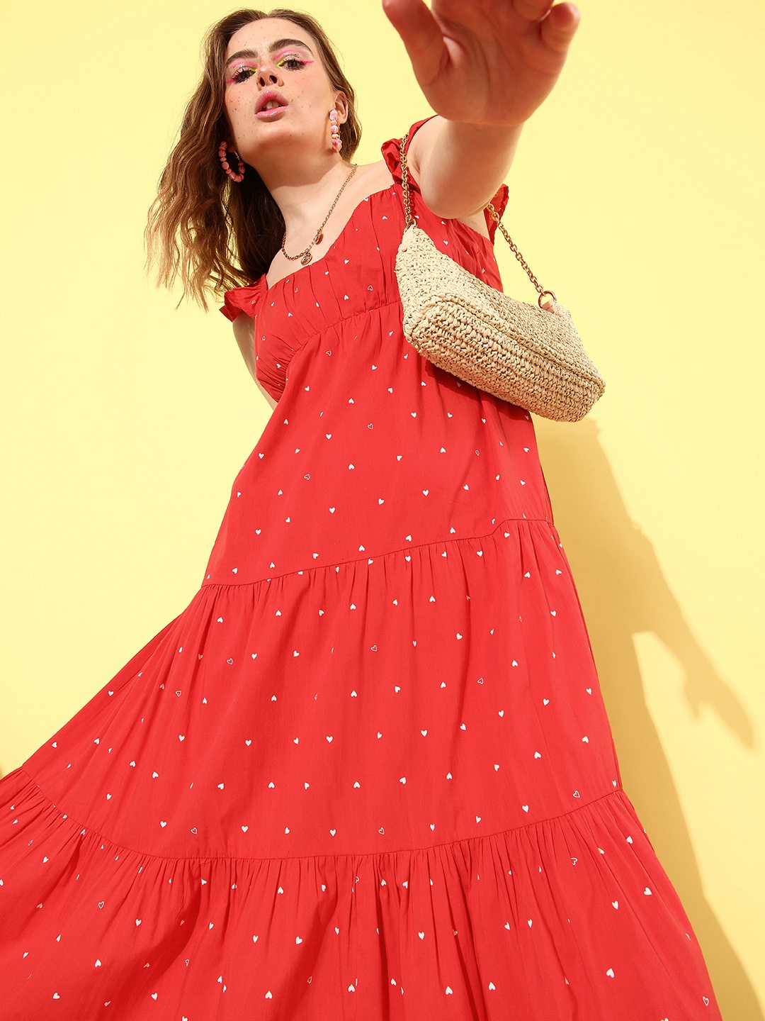 

Mast & Harbour Pure Cotton Flutter Sleeves Flared Midi Dress, Red