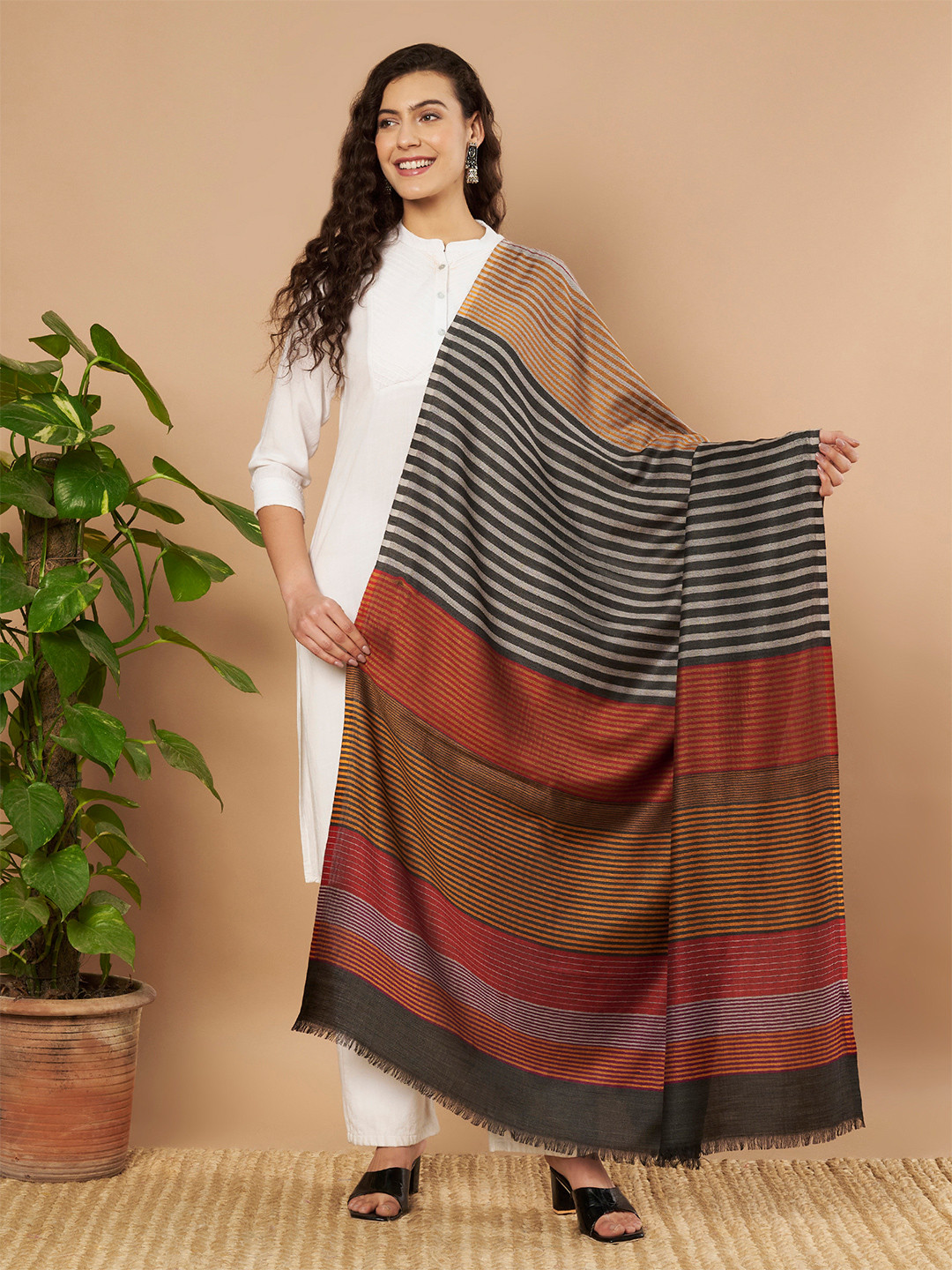 Sangria Women Multicoloured Wool Striped Woven Design Shawl