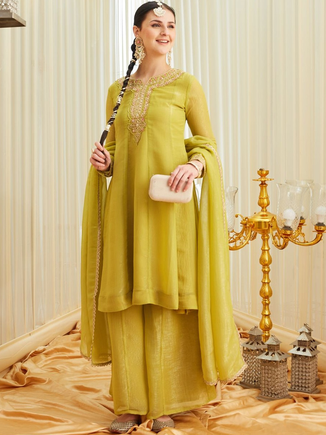 MOKOSH Women Silk Embroidered Anarkali Kurta With Palazzo And Dupatta Set