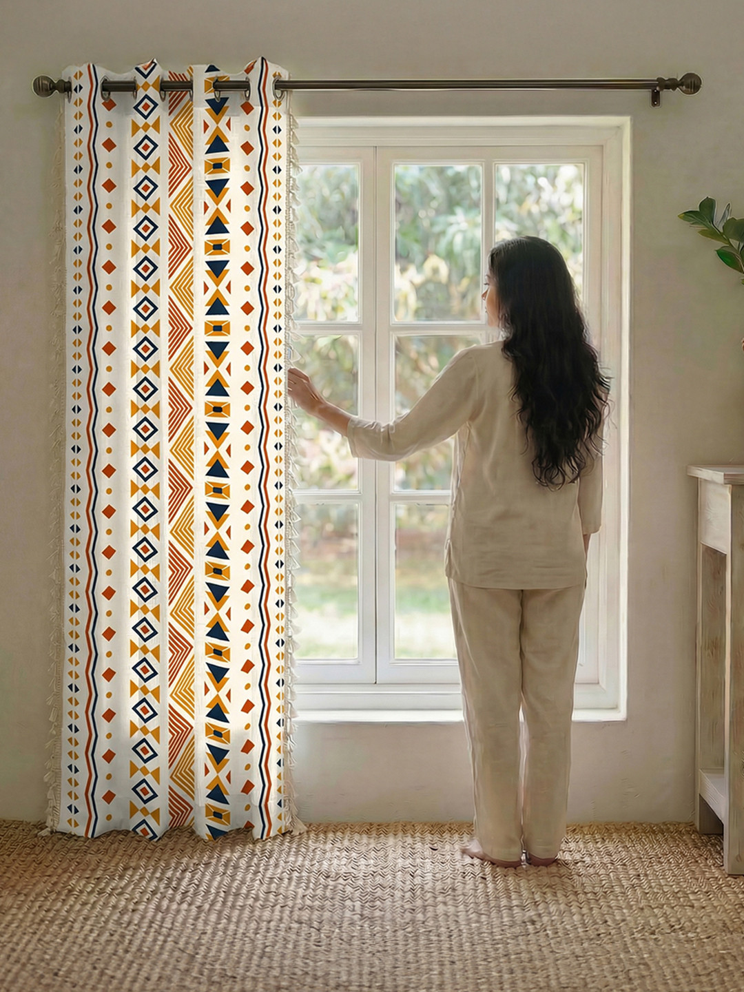 URBAN SPACE White & Orange Geometric Regular Window Curtain