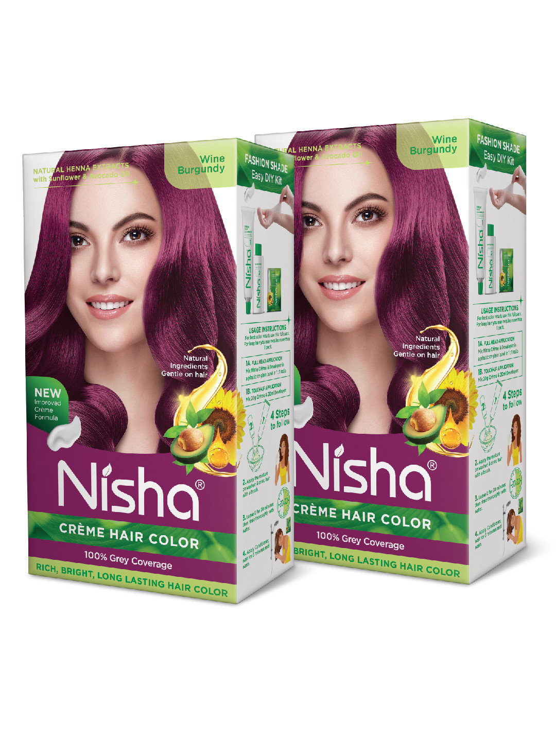 Nisha Unisex Burgundy Pack of 2 Creme Hair Color 120gm each- Wine Burgundy