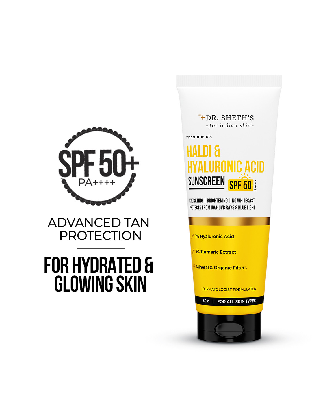 DR. SHETHS Haldi & Hyaluronic Acid SPF50 Hydrating In-Vivo Tested 50g