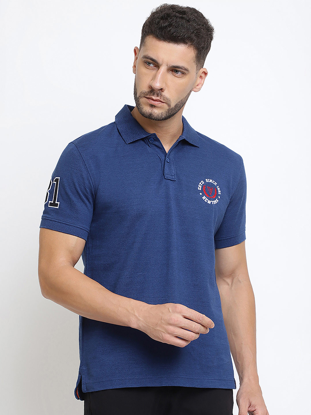 Van Heusen Innerwear Men Blue Solid Varsity Inspired Short Sleeve Polo Lounge Tshirt