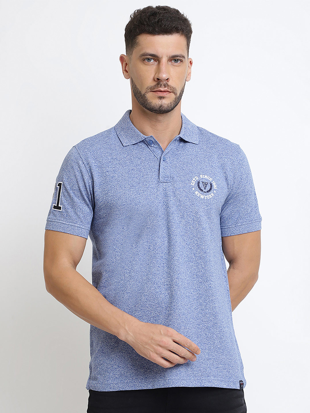 Van Heusen Innerwear Men Blue Solid Varsity Inspired Short Sleeve Polo Lounge Tshirt