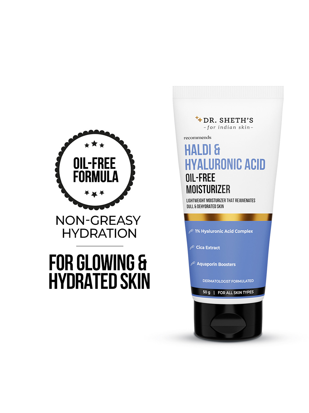 DR. SHETHS Haldi & Hyaluronic Acid Oil-Free Moisturizer with Cica Extract - 50g