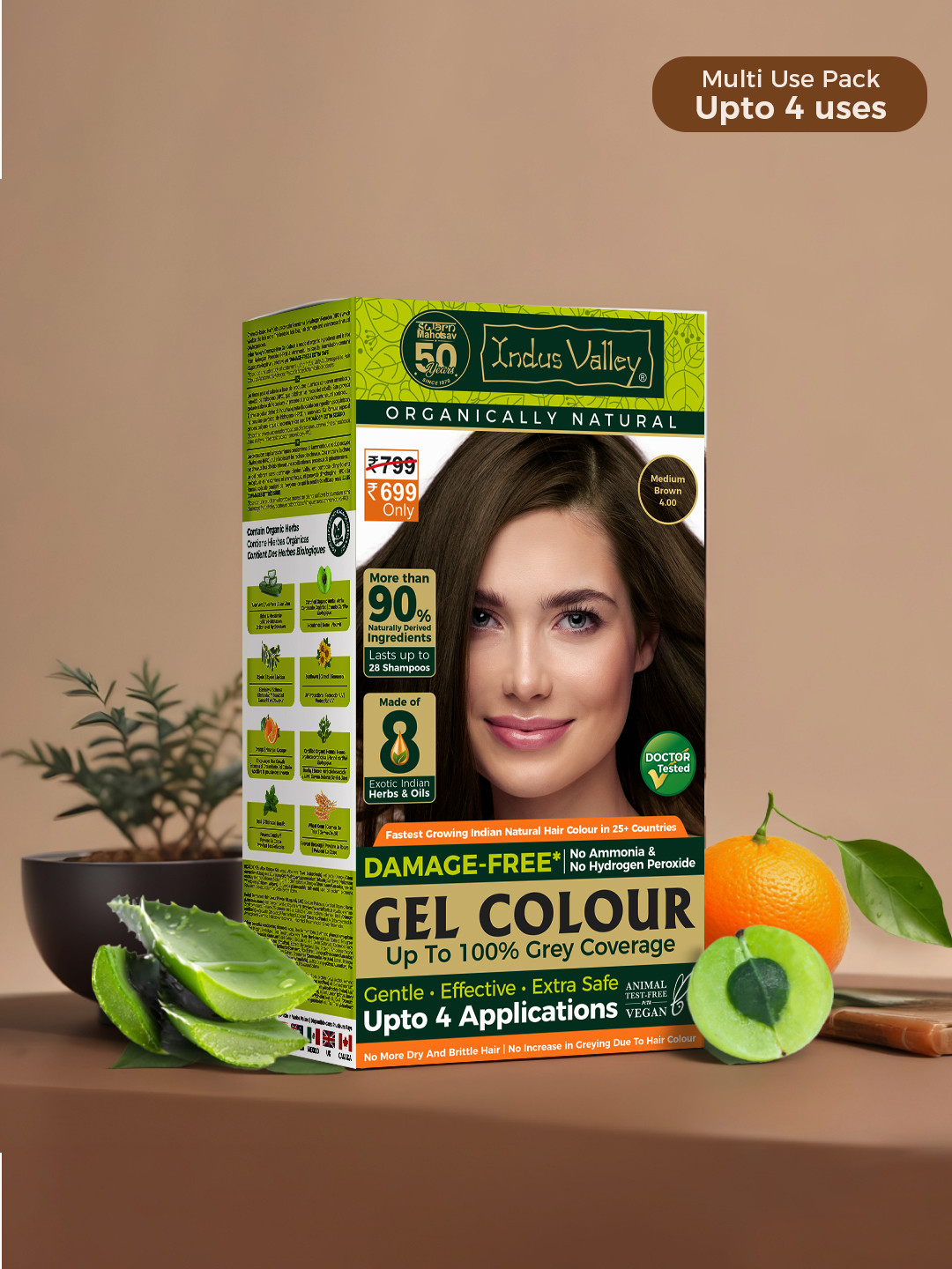 Indus Valley Organically Natural Gel Hair Colour- Medium Brown 4.0 220 g