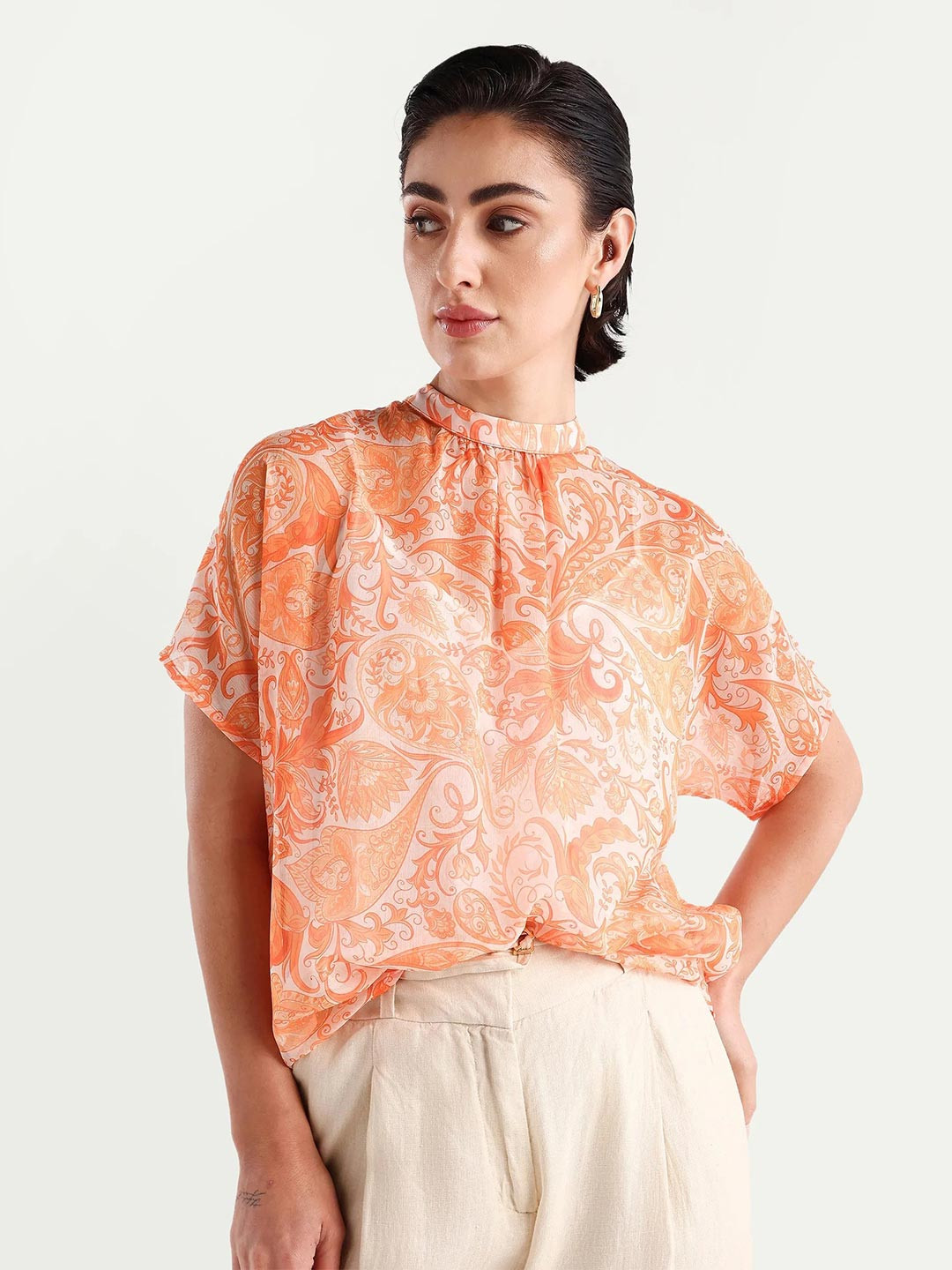 RAREISM Floral Printed High Neck Extended Sleeves Top Comes With a Slip