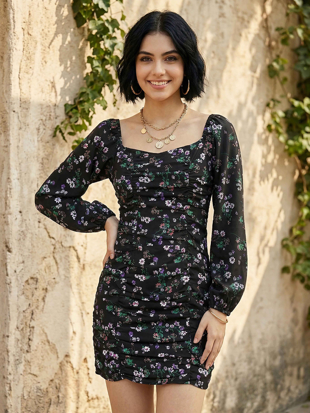 Berrylush Women Stylish Black Floral Volume Play Dress
