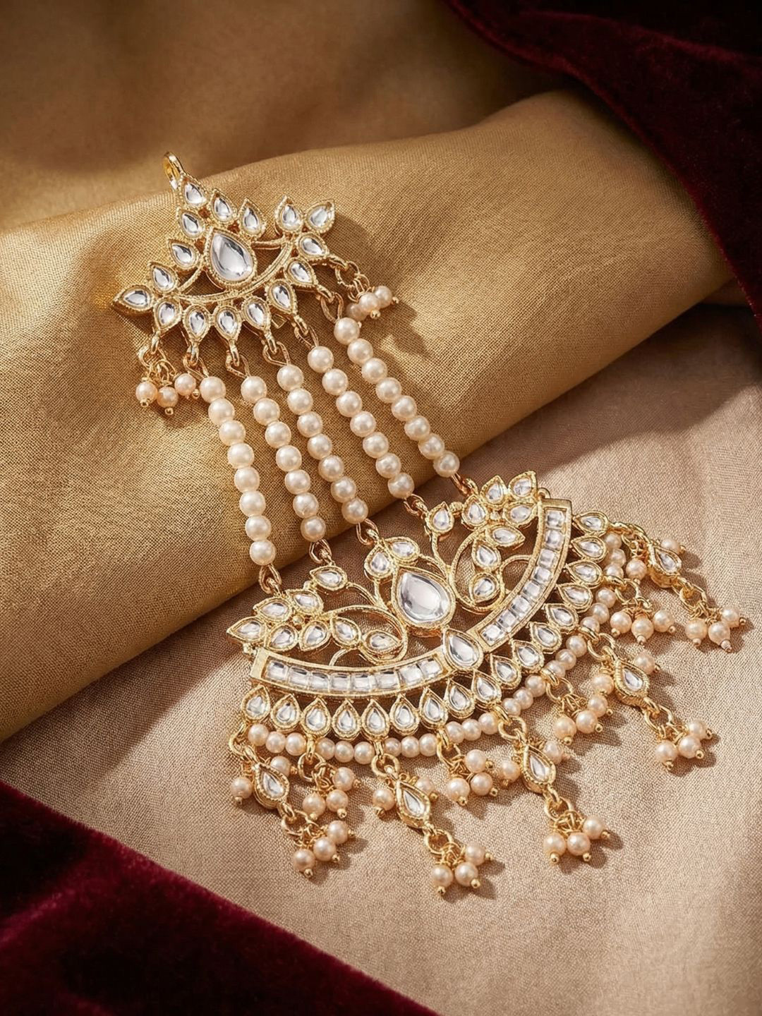 I Jewels Women White Gold-Plated Kundan & Pearl Mathapatti