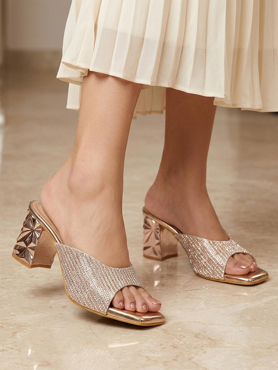 ELLE Rose Gold Embellished Party Block Mules
