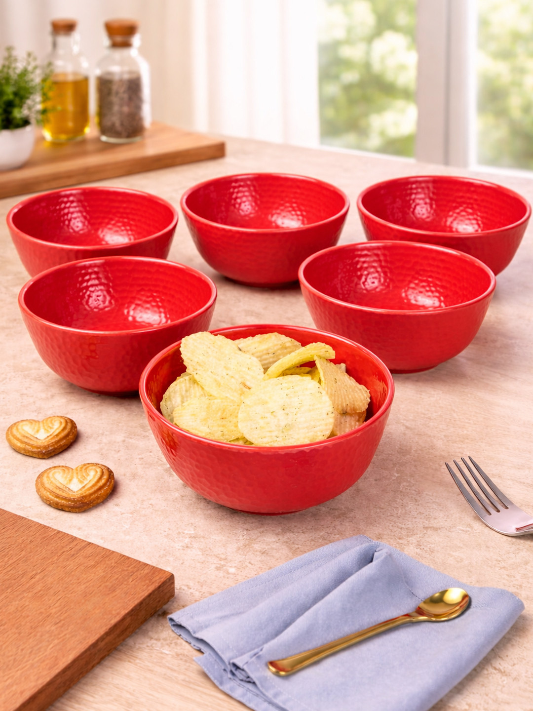 MARKET99 Red Hammered 6 Pieces Melamine Glossy Bowls 300 ml each