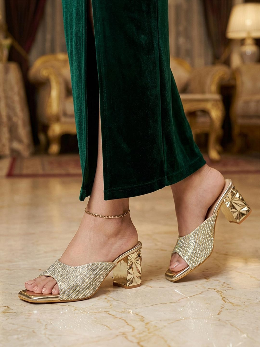 ELLE Gold-Toned Embellished Block Pumps