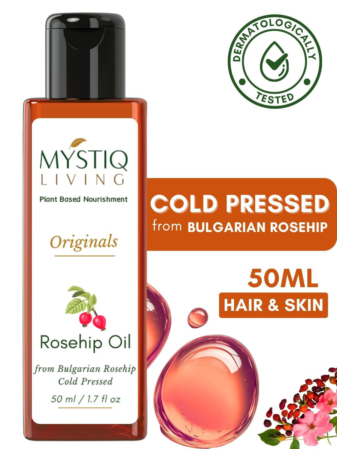 MYSTIQ LIVING Rosehip Seed Oil For Face Skin & Hair Cold Pressed- 50 ml