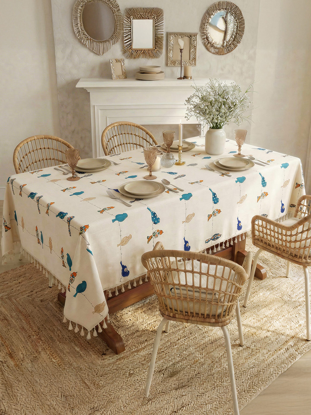 URBAN SPACE Off-White Printed Pure Cotton 4-Seater Table Cover