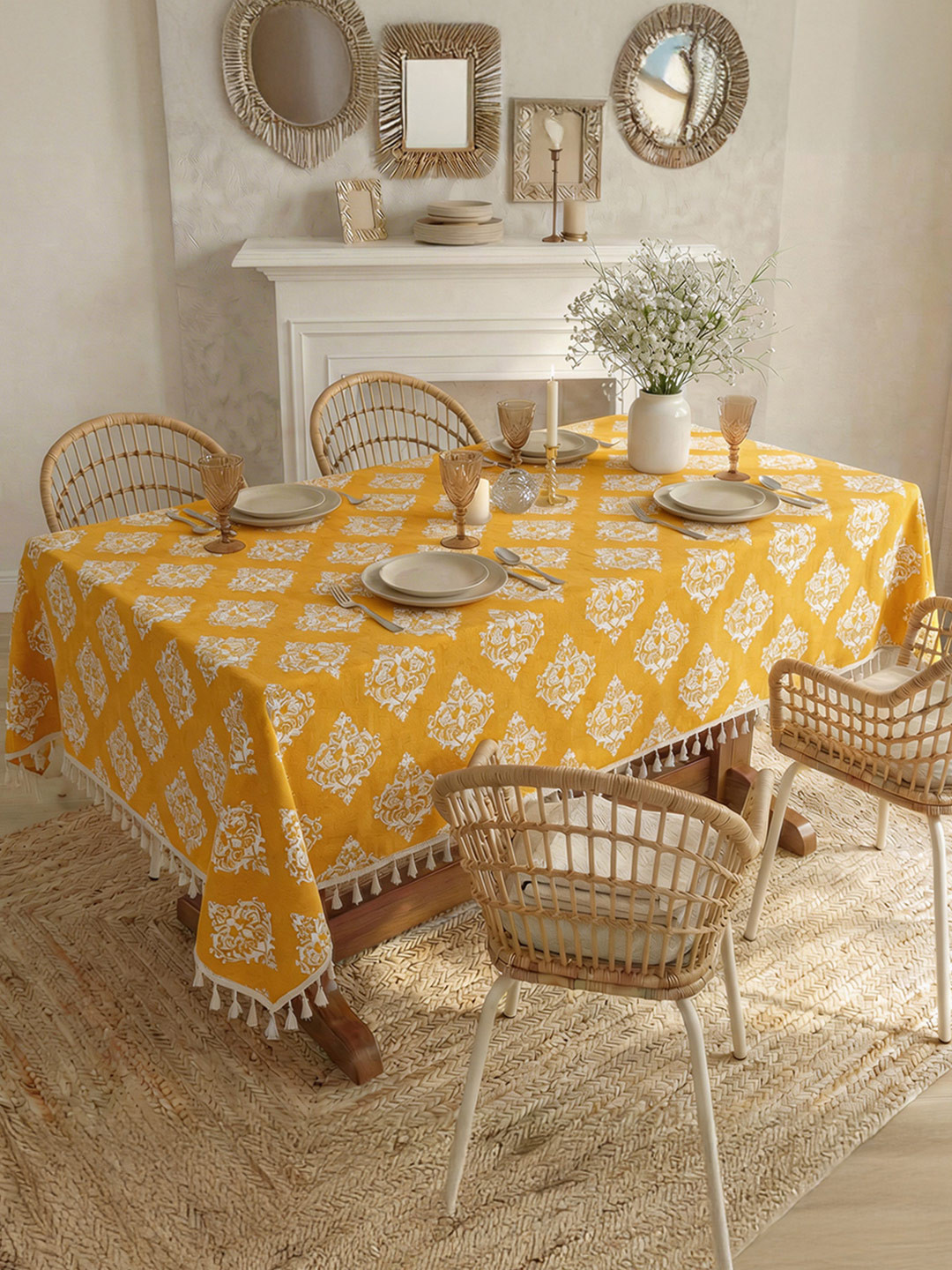 URBAN SPACE Mustard-Yellow & White Ethnic Motifs Printed Pure Cotton 6-Seater Table Cover