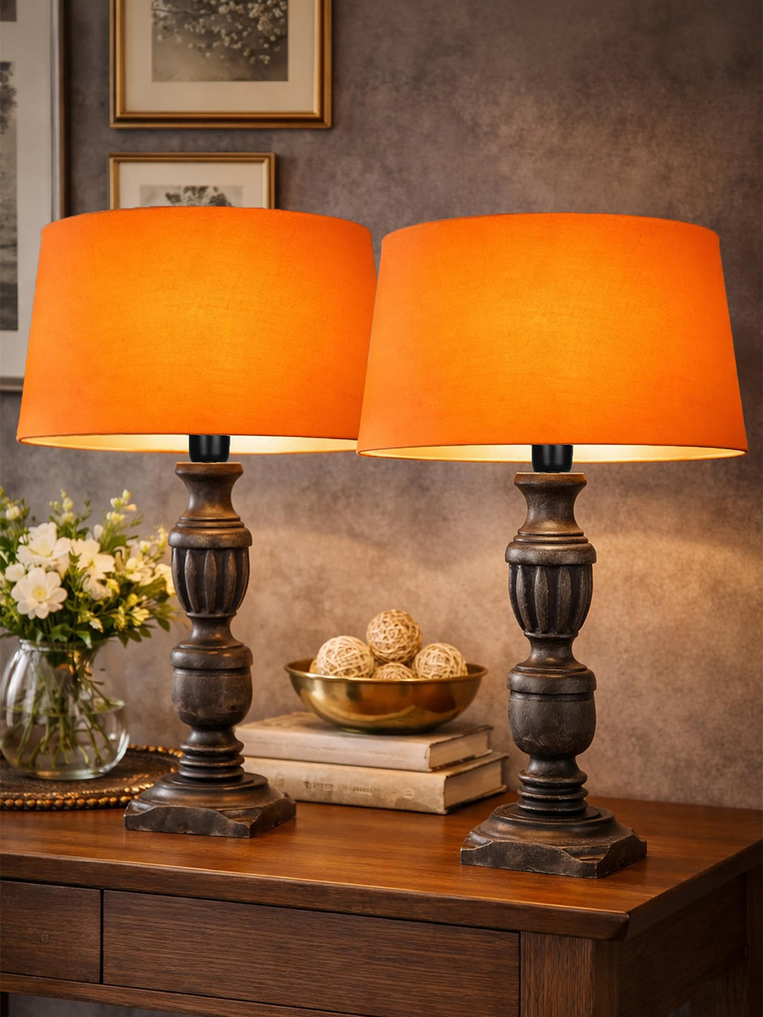 Homesake Rustic Warm Yellow Wood Frustum Solid Handcrafted Electrical Table Lamps
