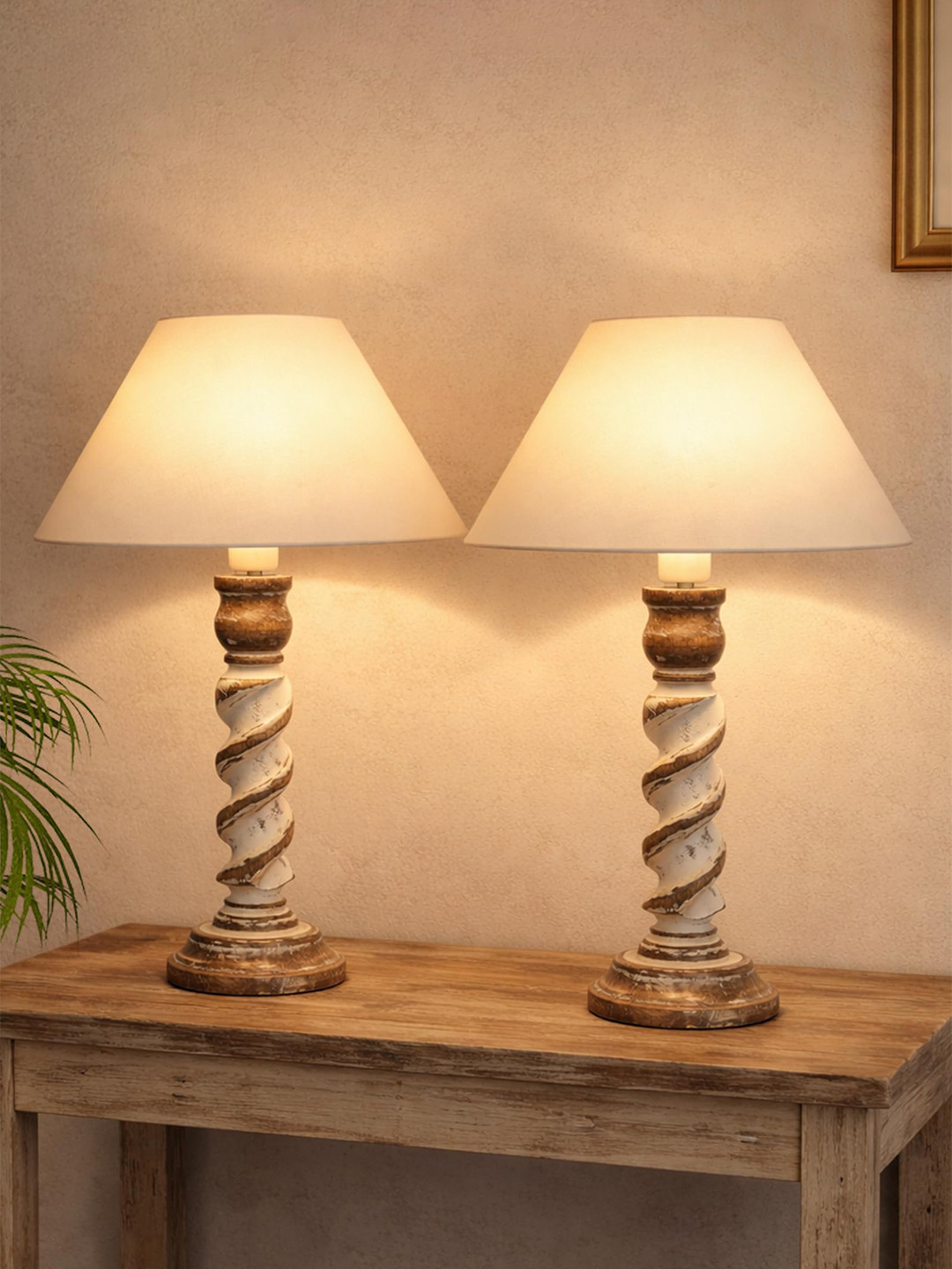 Homesake Rustic Warm Yellow Wood Frustum Solid Handcrafted Electrical Table Lamps