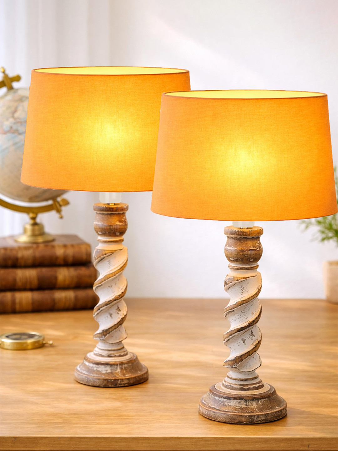 Homesake Rustic Warm Yellow Wood Frustum Solid Handcrafted Electrical Table Lamps