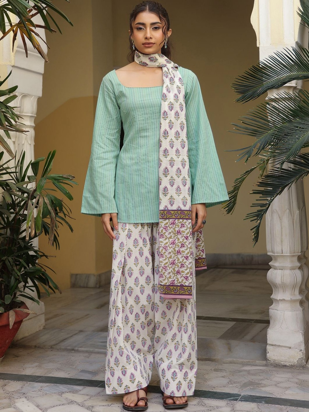 anayna Women Ethnic Motifs Striped Regular Pure Cotton Kurti with Palazzos & With Dupatta