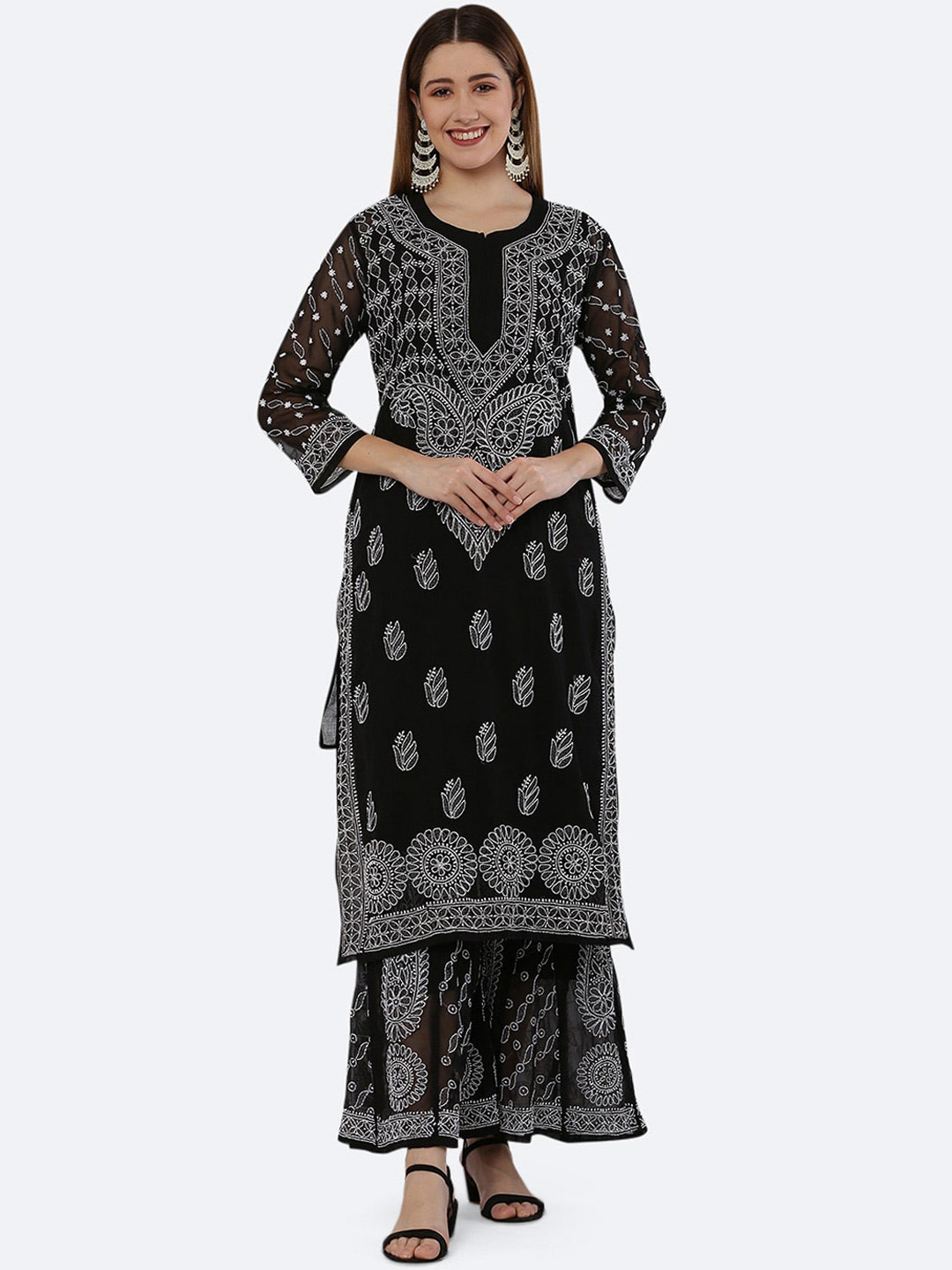 FAWOMENT Black Embroidered Chikankari Straight Kurta and Slip on Sharara