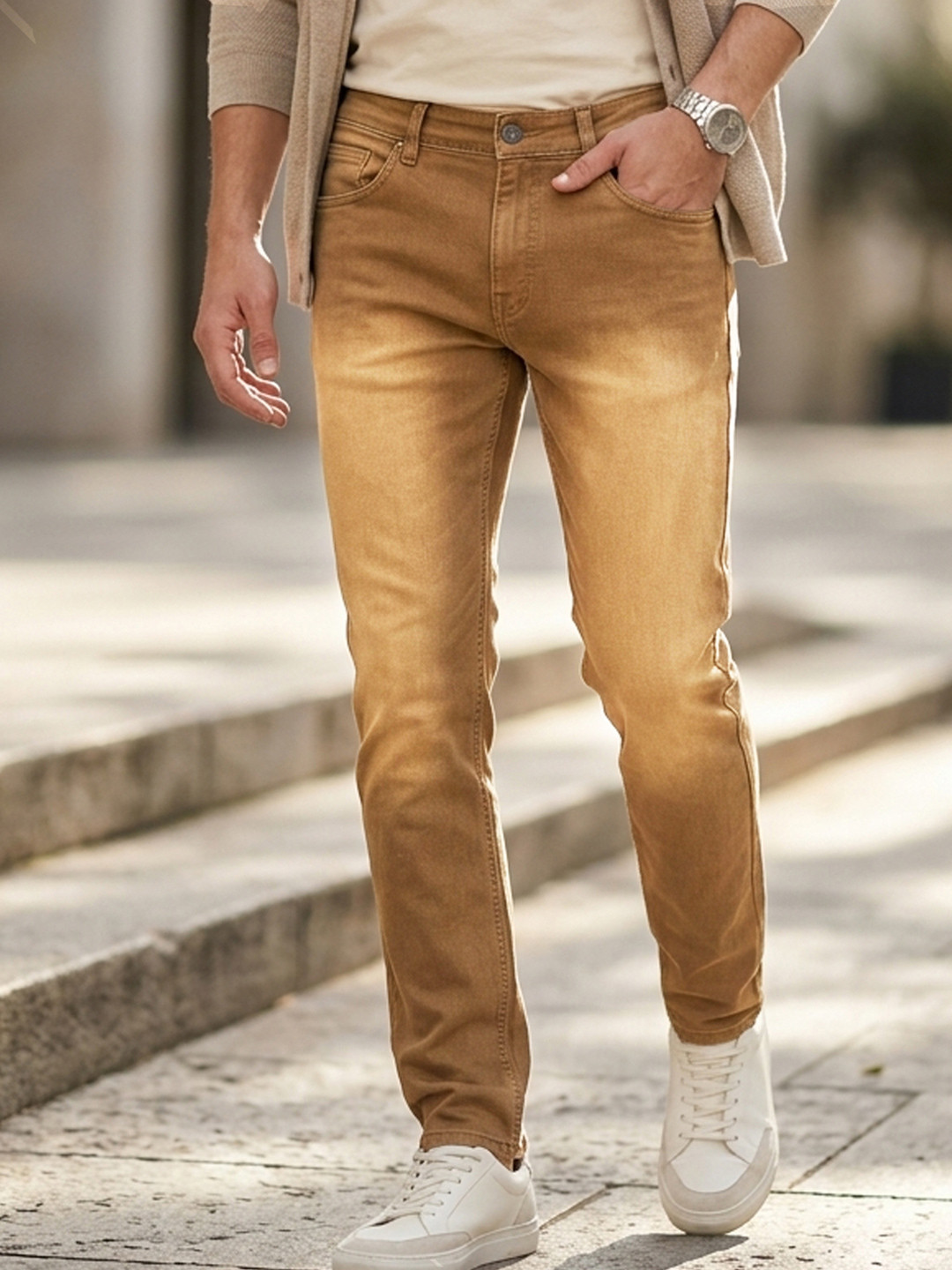 Urbano Fashion Men Khaki Slim Fit Mid-Rise Clean Look Stretchable Jeans