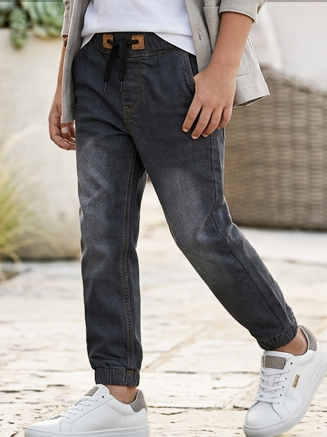 Urbano Juniors Boys Charcoal Grey Jogger Heavy Fade Acid Wash Stretchable Jeans