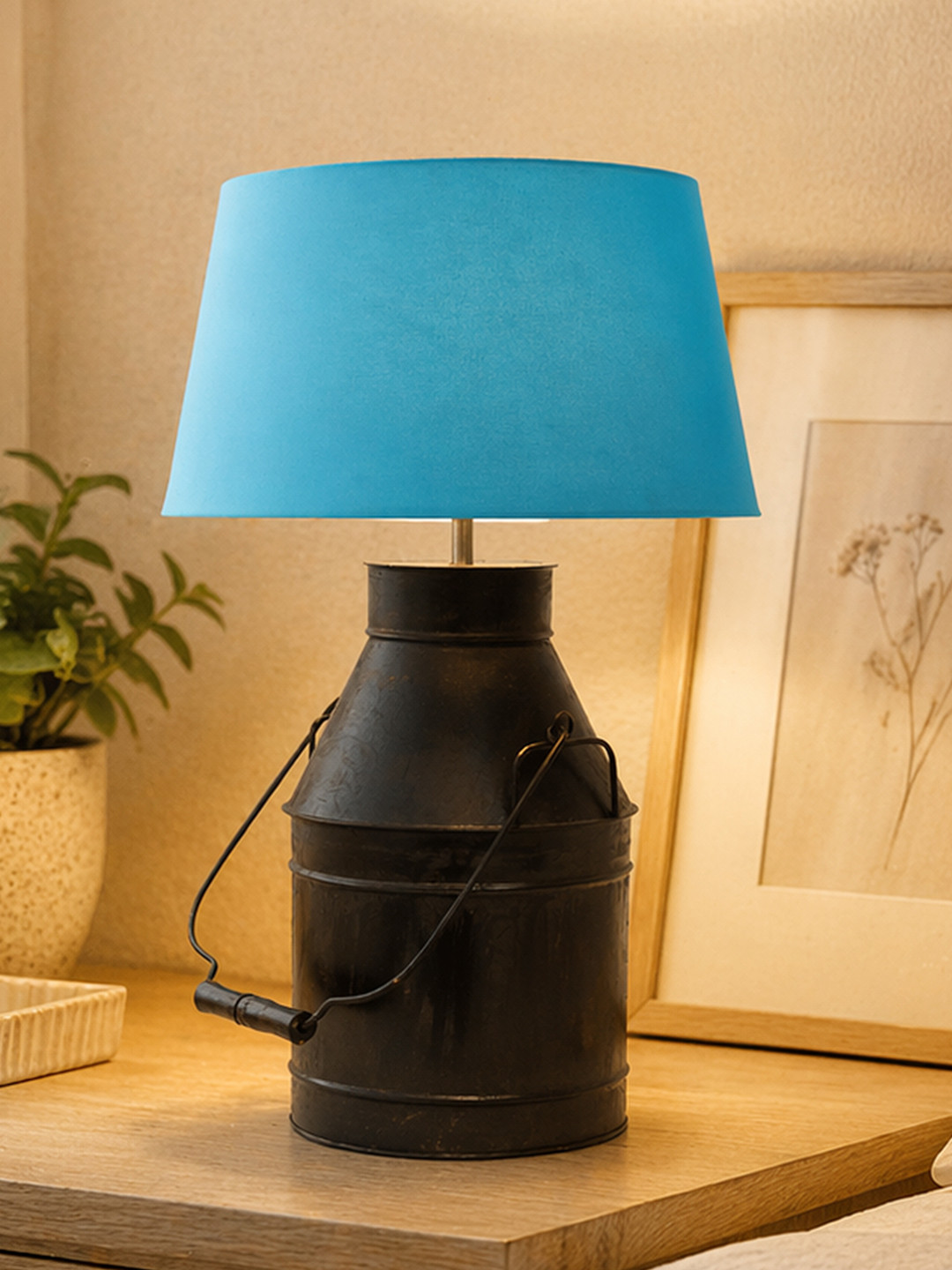 Homesake Grey & Turquoise Blue Metal Can Shape Table Lamps With Shade