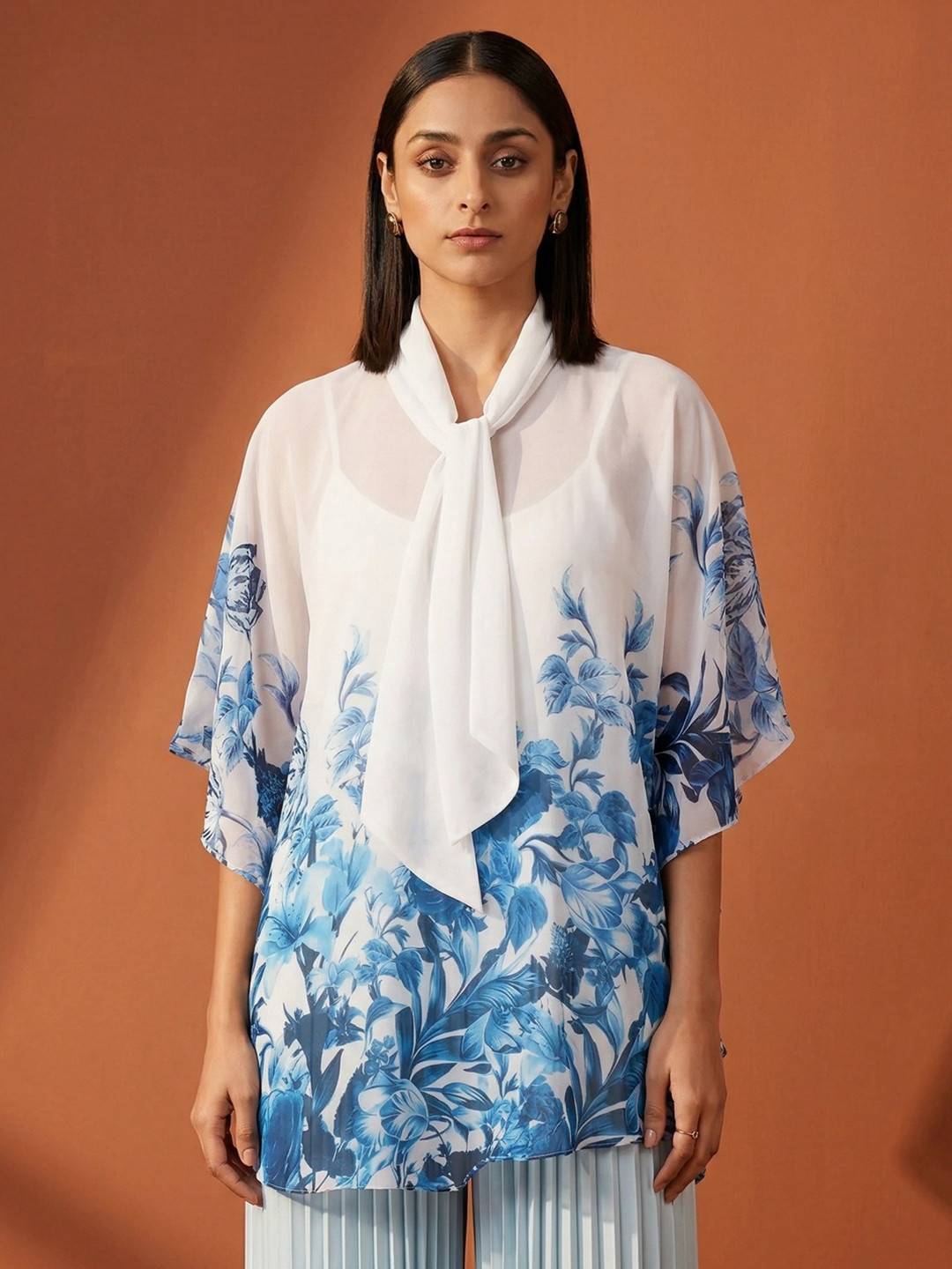 First Resort by Ramola Bachchan Women White & Blue Floral Printed Longline Top