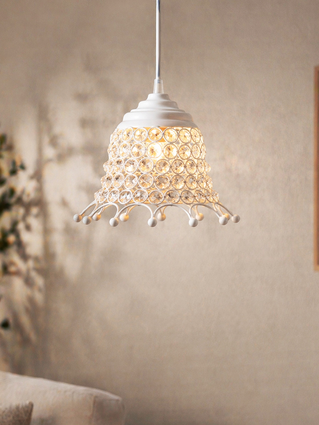 Homesake White Textured Umbrella Glossy Hanging Crystal Pendant Ceiling Lamp