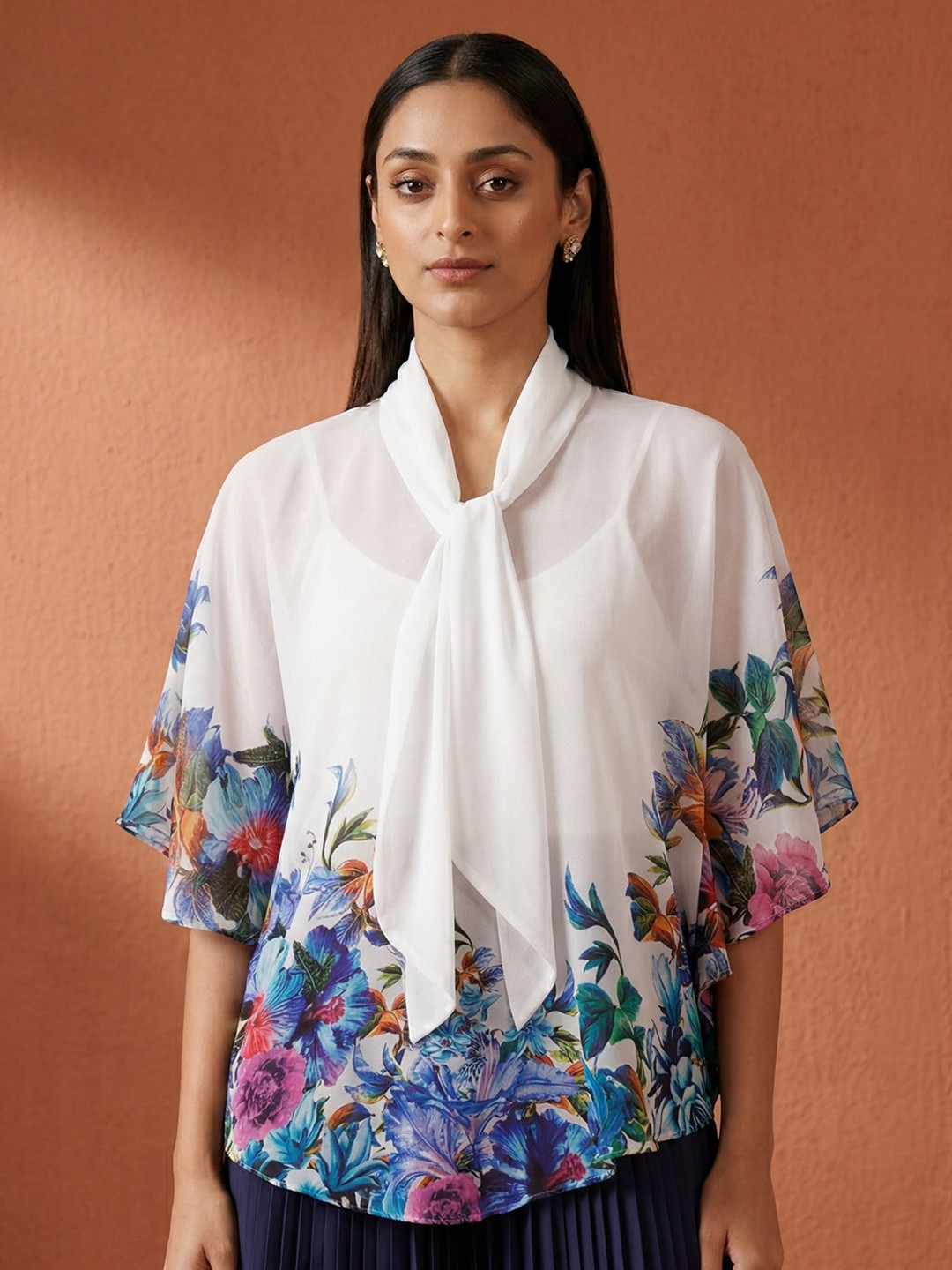 First Resort by Ramola Bachchan Women Purple Floral Print Extended Sleeves Georgette Top