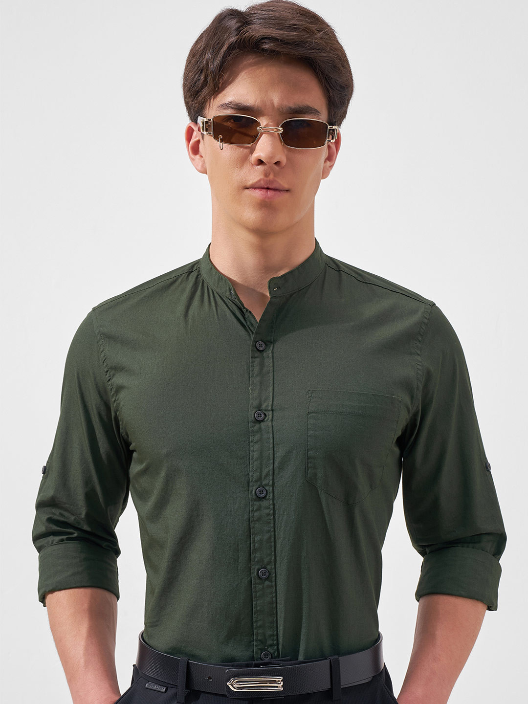 Highlander Olive Green Slim Fit Casual Shirt