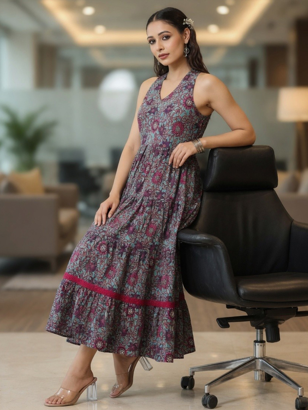 Rain & Rainbow Printed Pure Cotton Flared Sleeveless Dress
