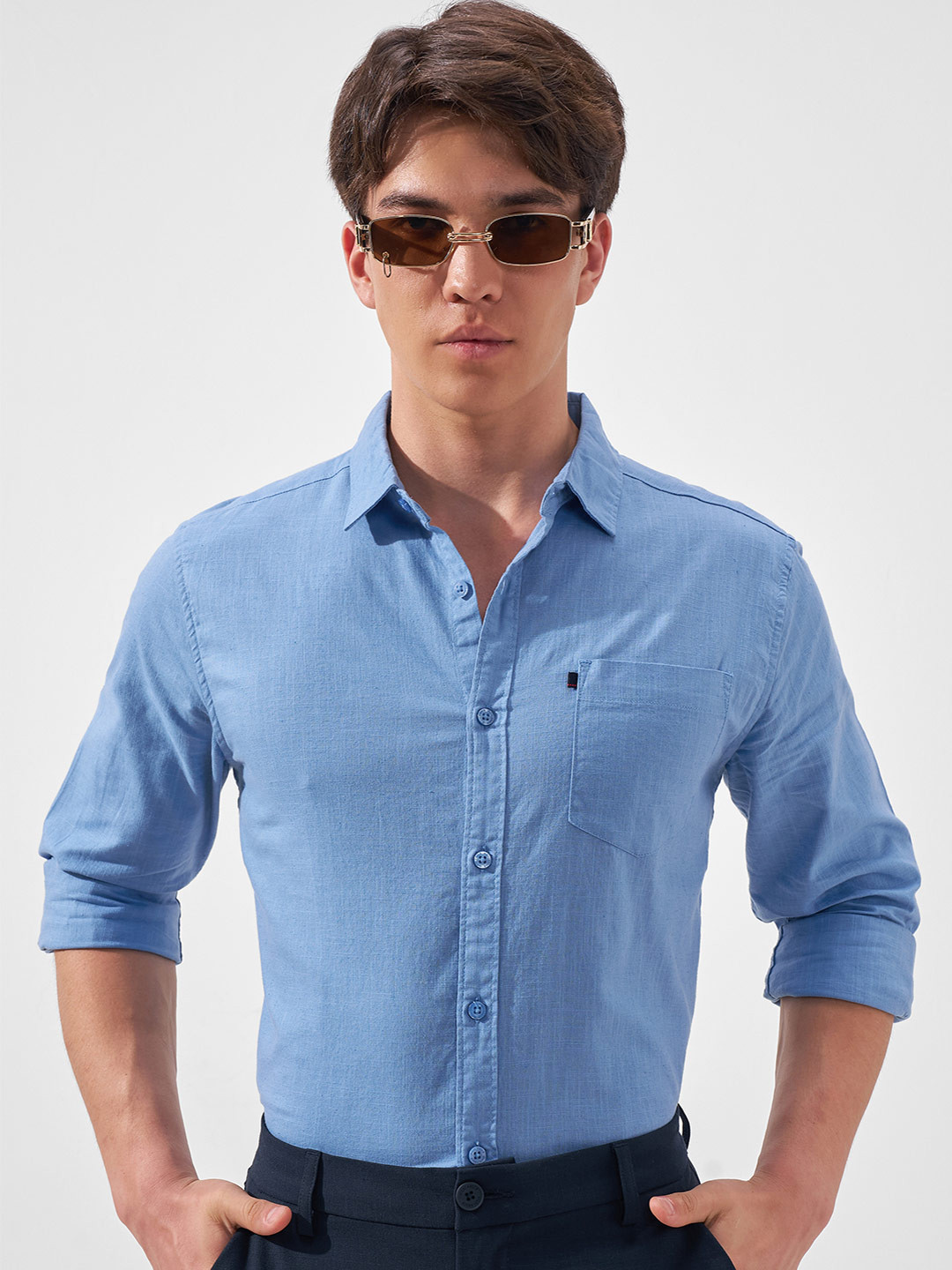 HIGHLANDER Men Blue Cotton Linen Slim Fit Casual Shirt