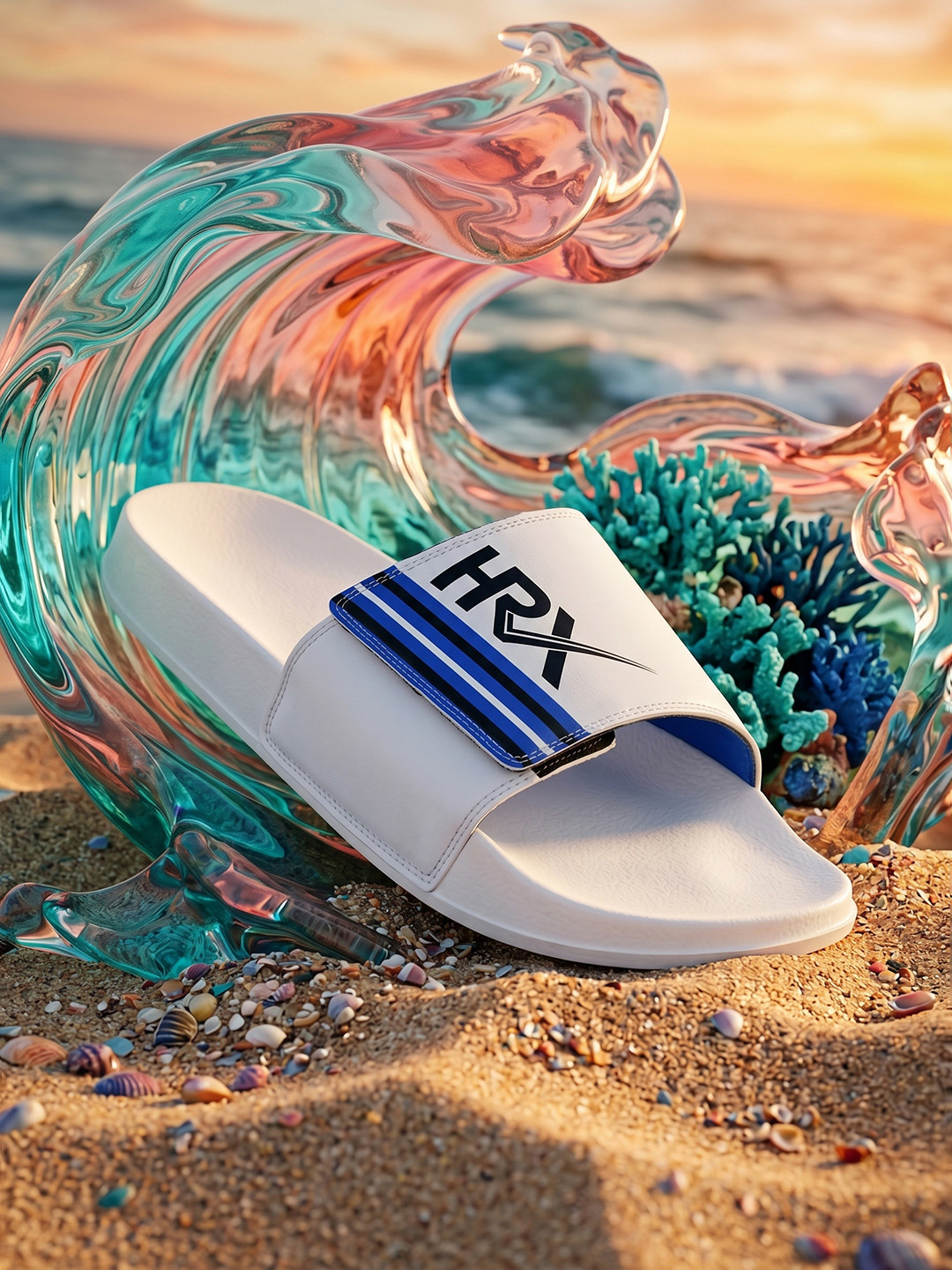 HRX by Hrithik Roshan Men White & Blue Printed Sliders