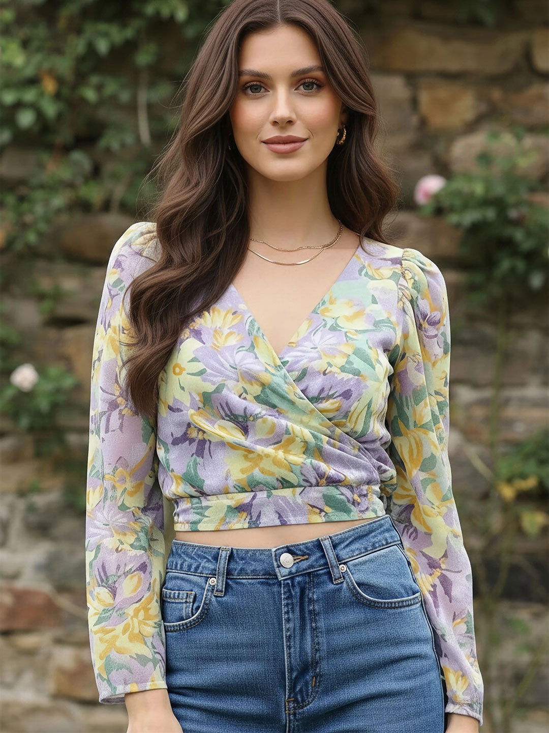 Berrylush Women Charming Purple Floral Cropped Top