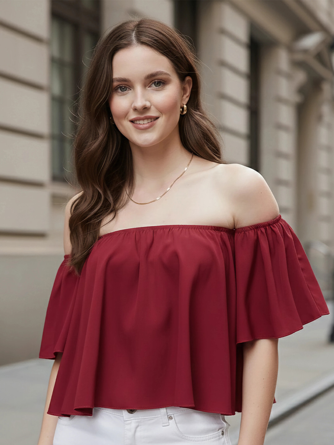 Berrylush Women Red Solid Bardot Top