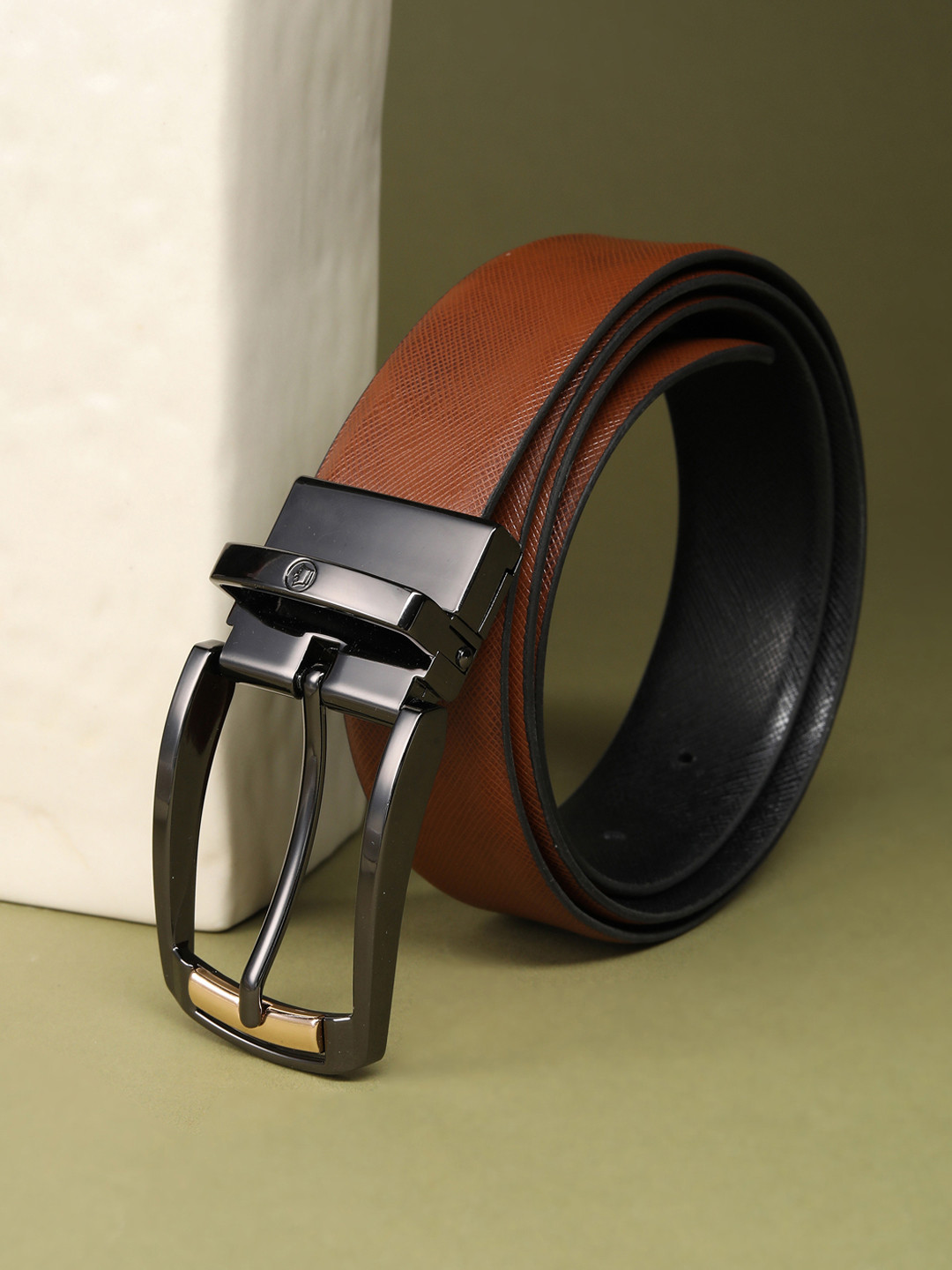 Louis Philippe Men Italian Leather Dual Tone Zinc Alloy Buckle Formal Reversible Belt