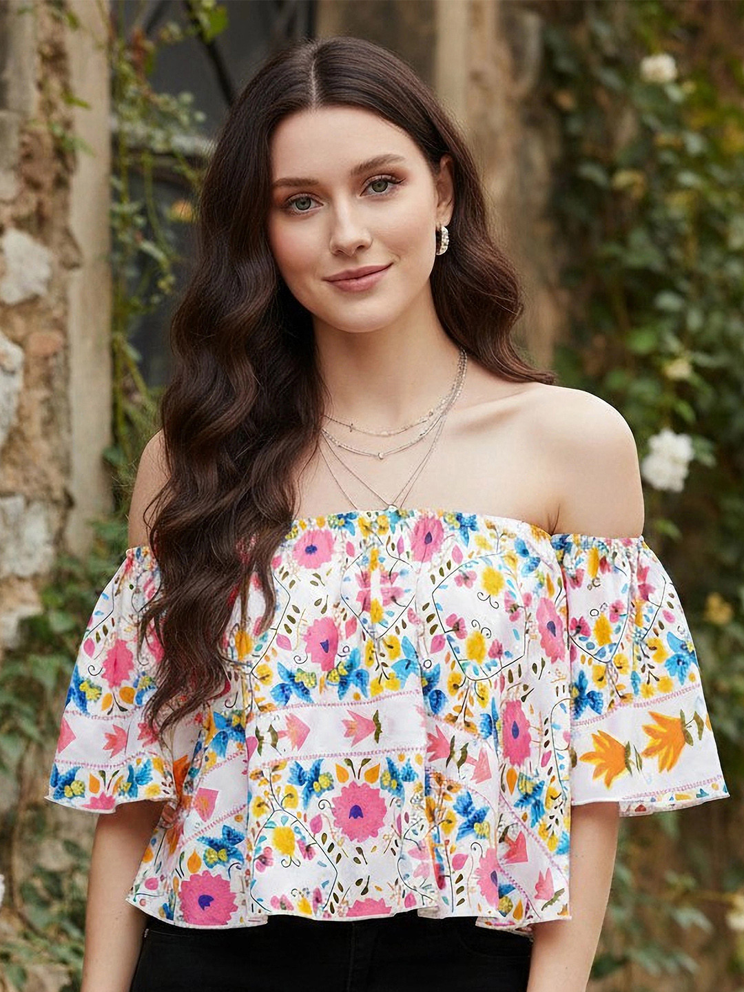 Berrylush White & Pink Floral Off-Shoulder Crepe Bardot Crop Top