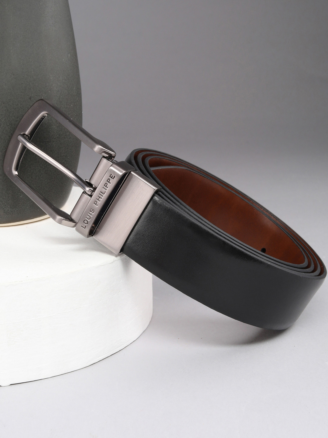Louis Philippe Men Italian Leather Shiny Nickel Buckle Formal Reversible Belt