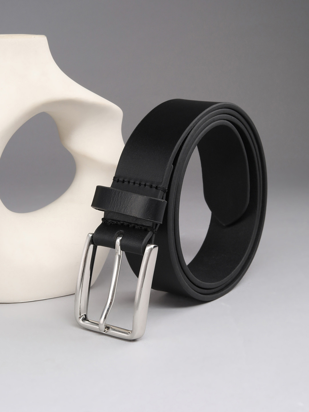 Louis Philippe Men Italian Leather Shiny Nickel Buckle Formal Profile Belt