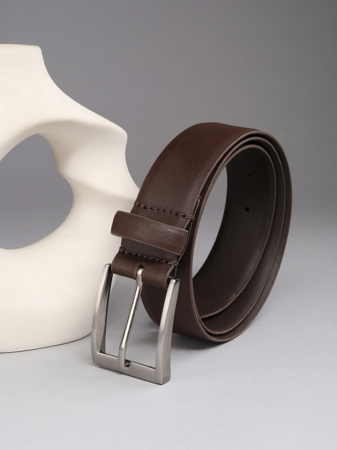 Louis Philippe Men Italian Leather Brush Nickel Buckle Formal Profile Belt