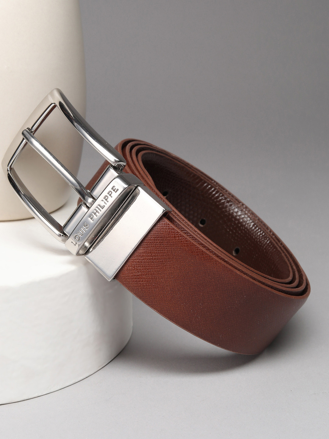 Louis Philippe Men Italian Leather Shiny Nickel Buckle Formal Reversible Belt