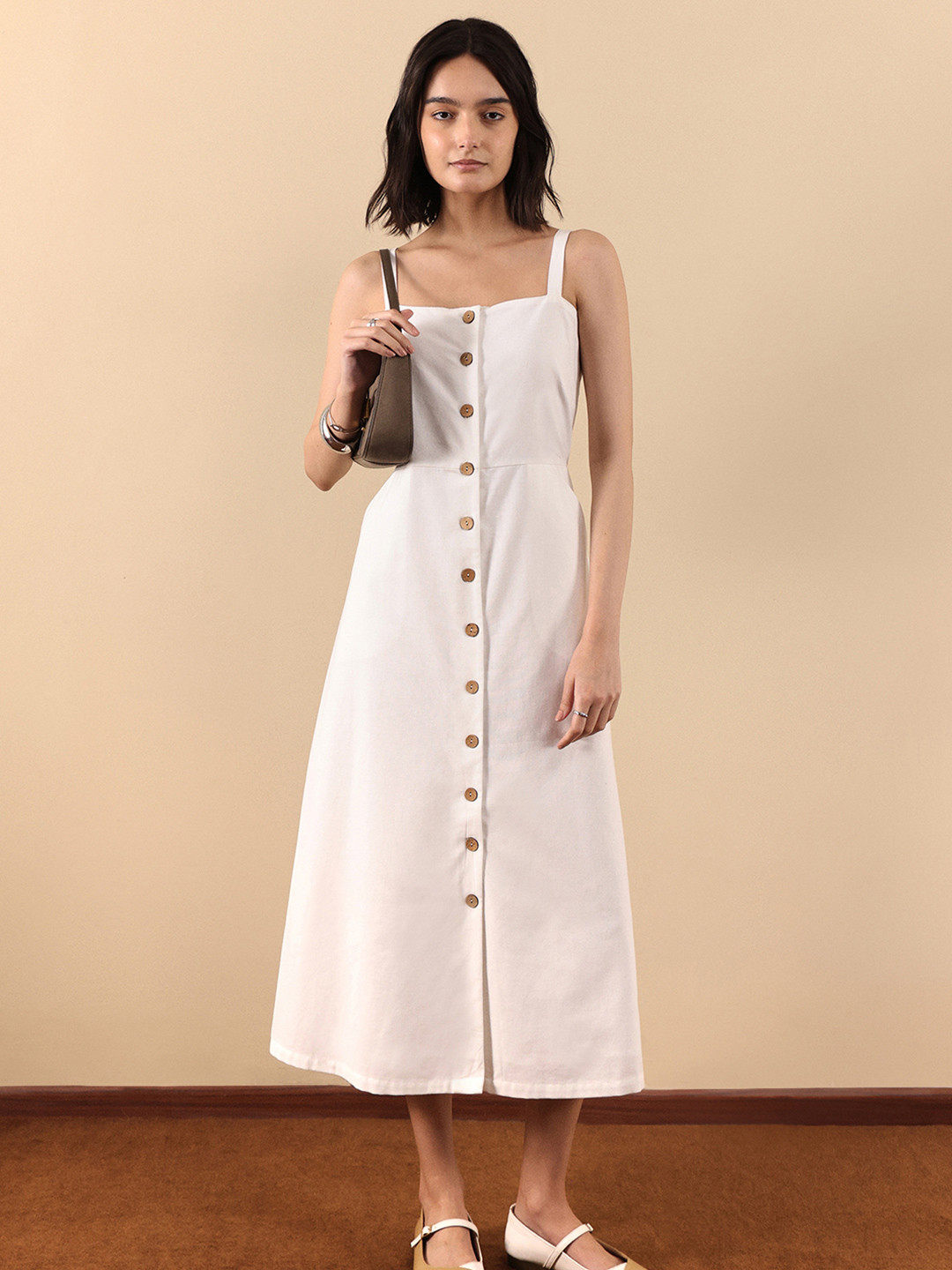 FABLE STREET Women Cotton White Solid Button-Down A-Line Midi Dress