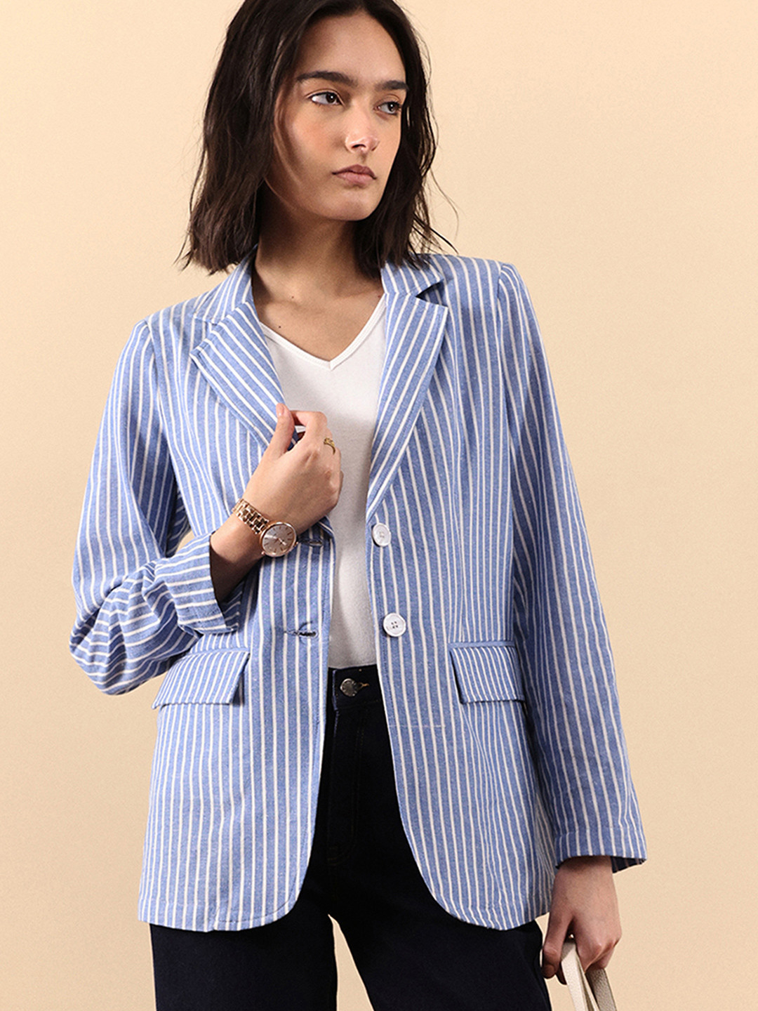FABLE STREET Striped Single-Breasted Tailored-Fit Formal Cotton Linen Blazers